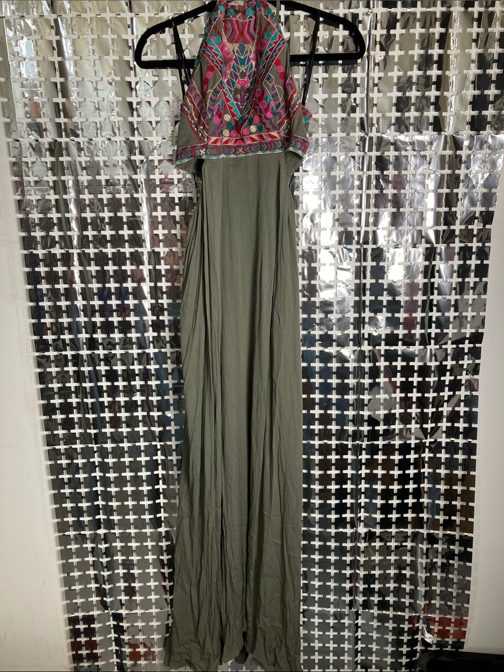 Lulus Boho Embroidered Halter Maxi Dress in Olive Green